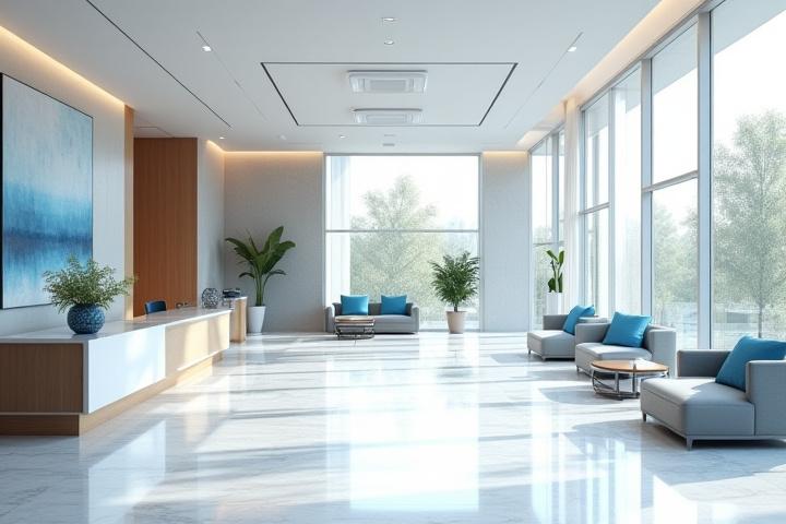 Sparkling clean, modern reception area of a business center with comfortable seating and a professional finish.
