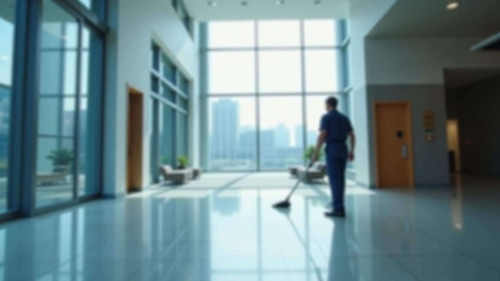 Modern, clean office building lobby with large windows and polished floors, bathed in natural light. A blurred figure of a uniformed cleaning professional in the background, subtly cleaning.
