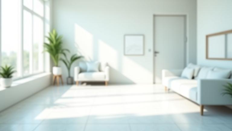 Pristine, modern clinic waiting room with natural light, emphasizing cleanliness and a welcoming environment.