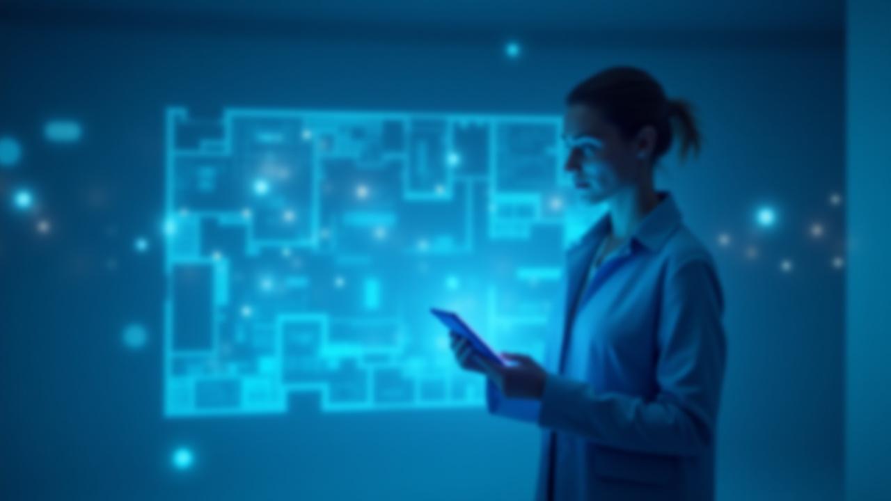 Abstract graphic of data nodes connected over a clean floor plan, with a professional looking at a tablet displaying cleaning analytics, representing smart cleaning technology.